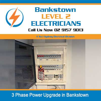 Open three phase electrical distribution board showing circuit breakers and wiring in Bankstown