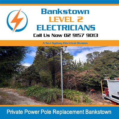 New white power pole installed in residential area with service truck nearby in Bankstown
